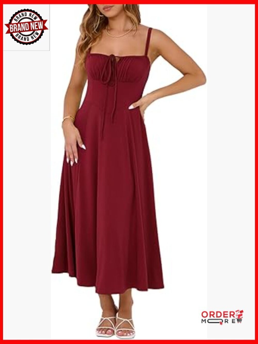 Lace-Up Front Corset Midi Dress Flowy A-Line Sundress